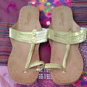 Gold T-Strap Leather Sandals for Women